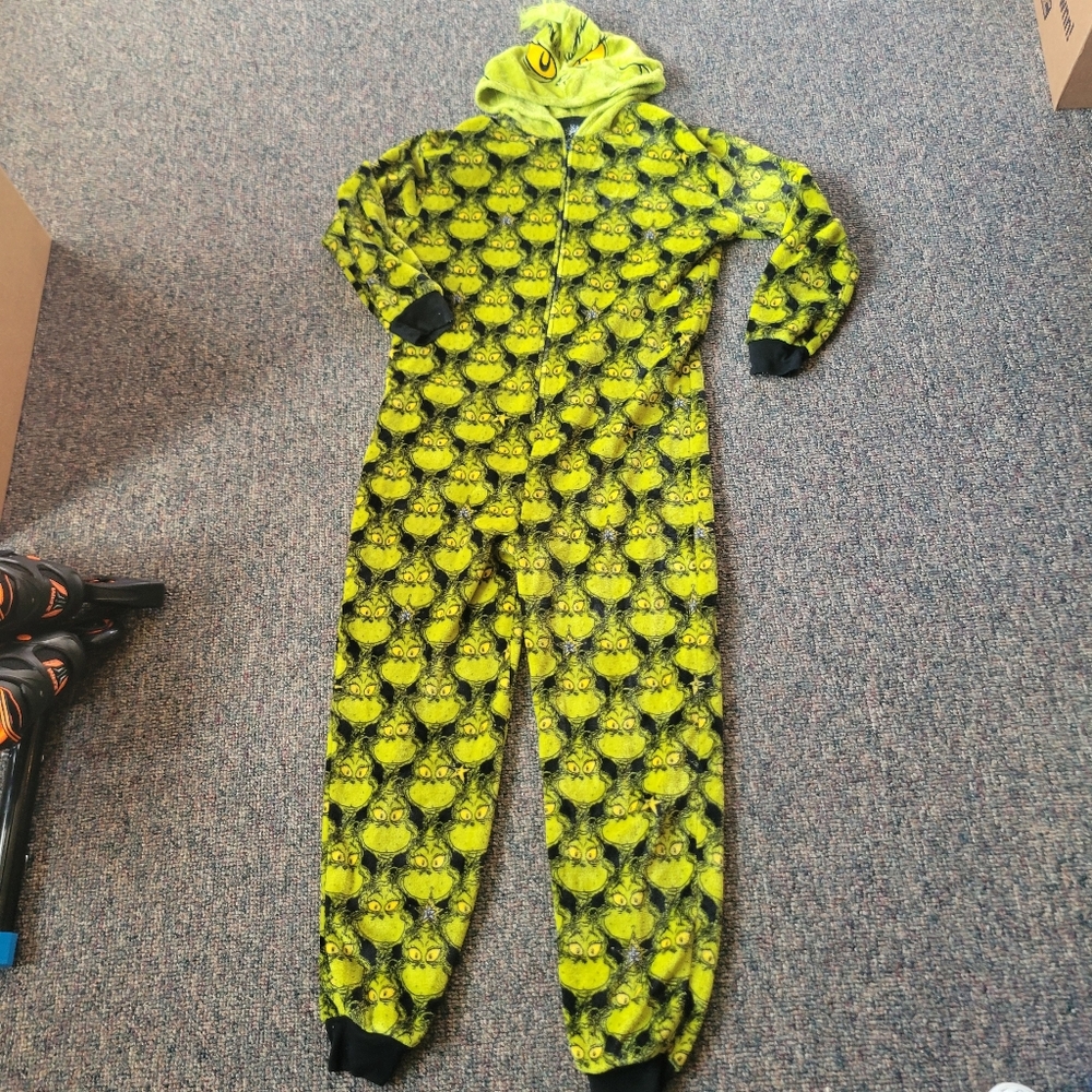 Men's Green Grinch-Print Fleece Footed Onesie